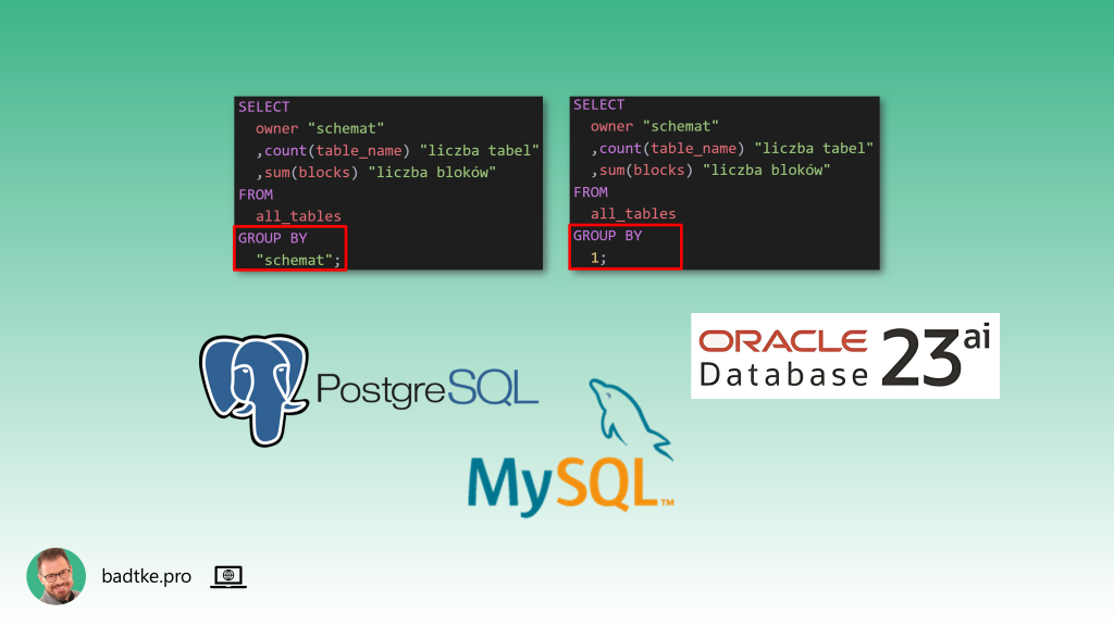 Kolumny w klauzuli GROUP BY możesz wskazać przy pomocy aliasów lub pozycji od wersji Oracle 23ai