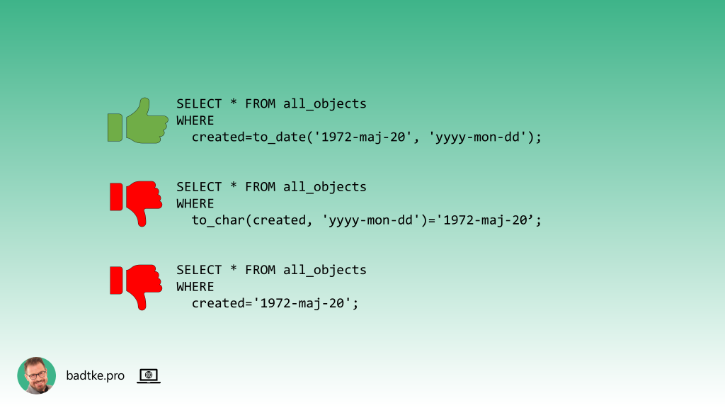 Aby uzyskać optymalną wydajność funkcji w klauzuli WHERE używaj na literale zamiast kolumnie