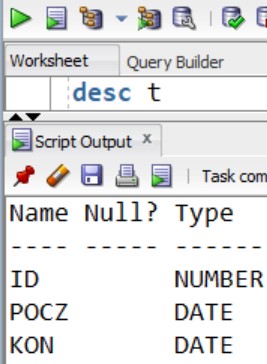Ilustracja pokazująca wynik komendy desc dla tabeli t.