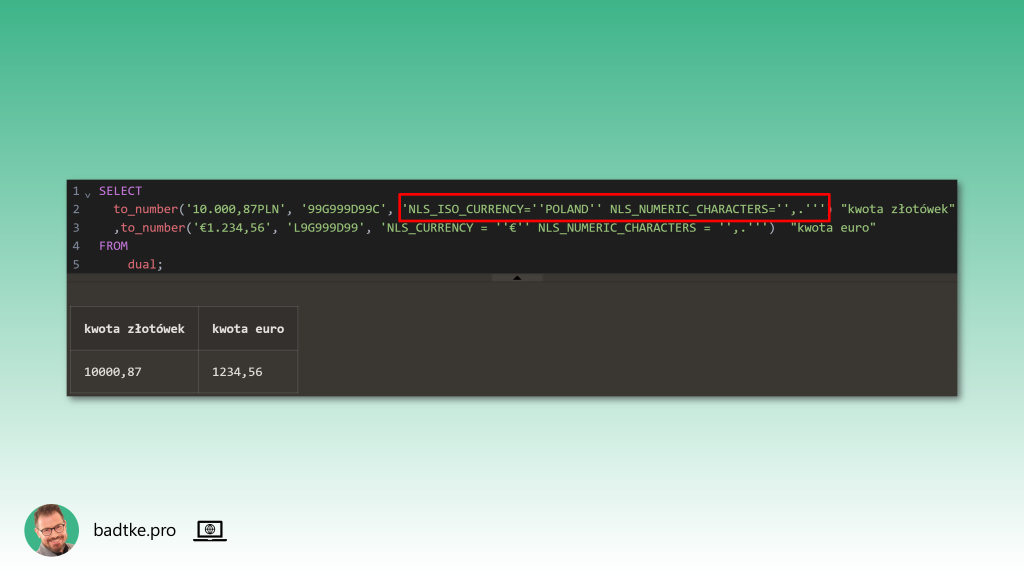 Ilustracja pokazująca jak konwertować literały oznaczające walutę do wartości typu number i wyświetlać je w polskiej notacji liczbowej.